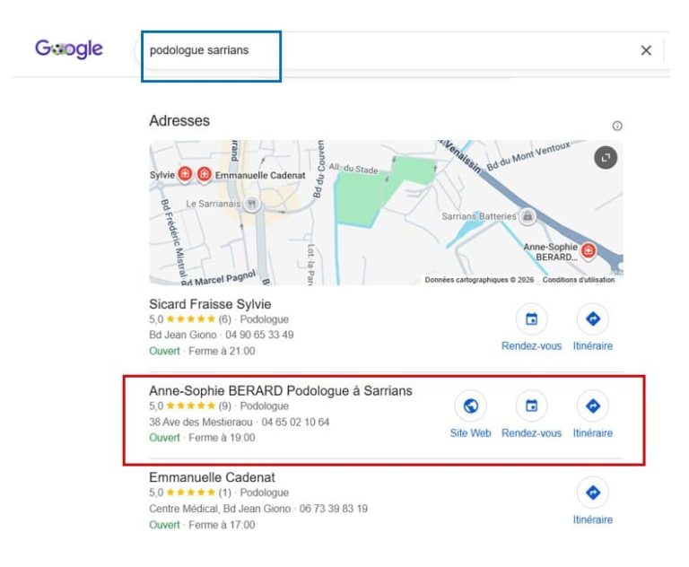 Classement Google Business Profile : Cabinet podologie Berard